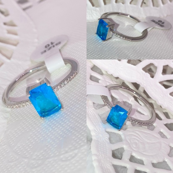 1ct Emerald Cut Blue Topaz Gemstone 925 Silver Engagement Ring - Picture 3 of 6